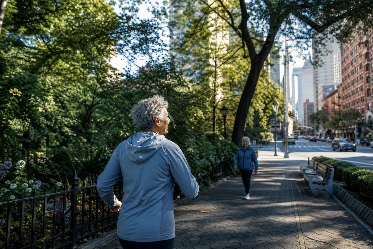 An older adult walking briskly where a green city park meets an urban street