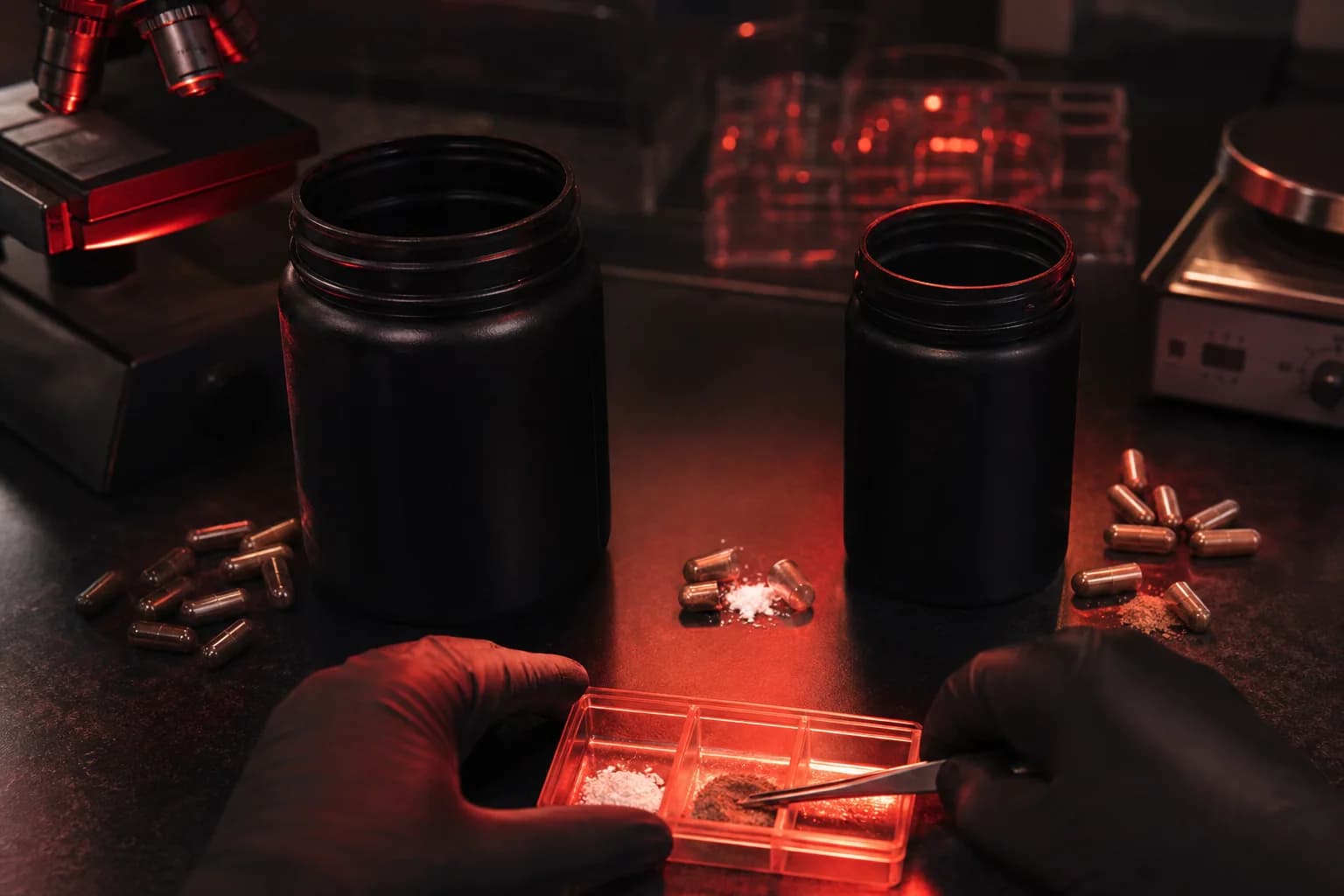 Two unbranded energy-supplement containers undergoing a red-lit laboratory inspection