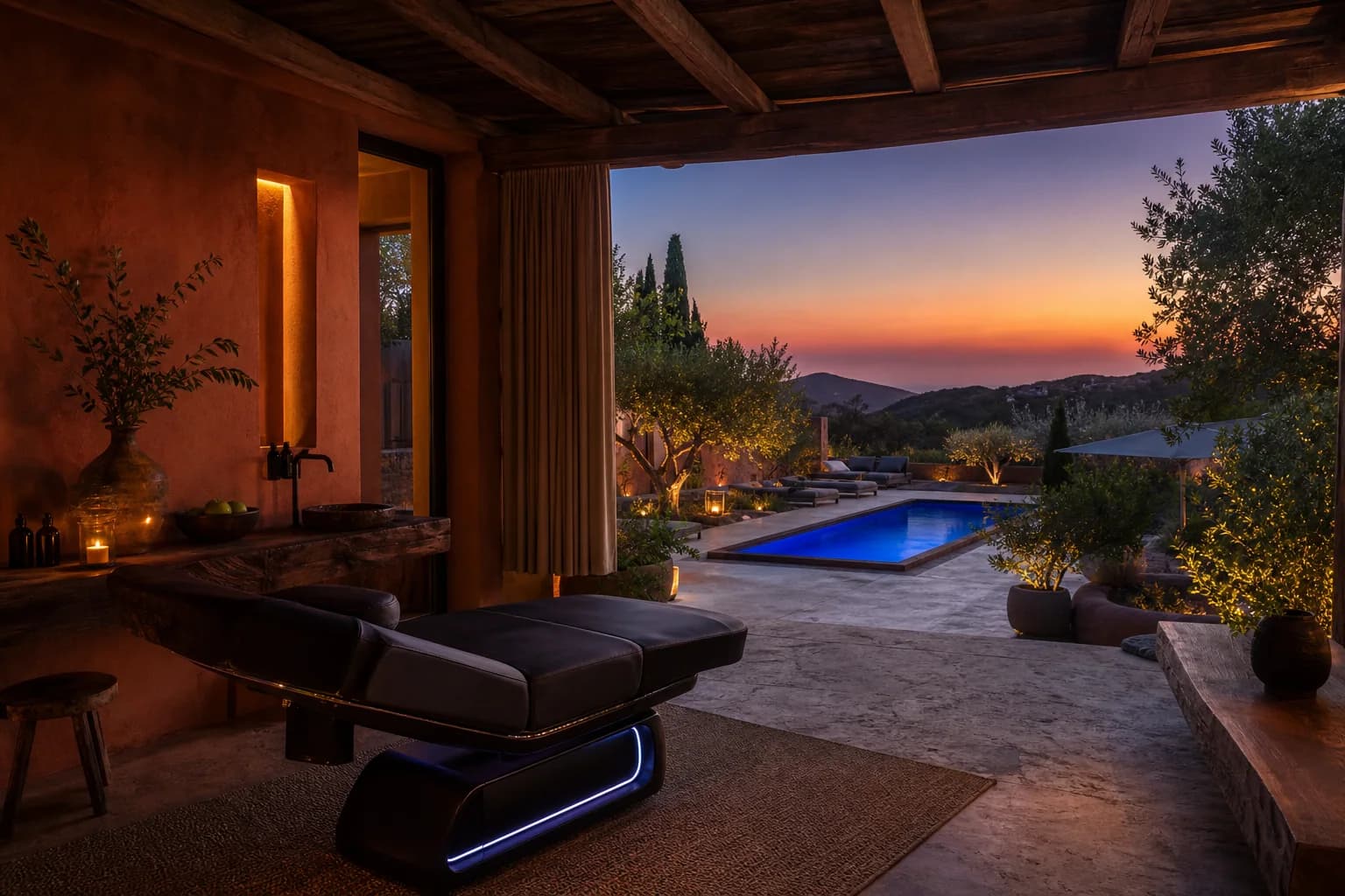 An open-air Ibiza treatment space in a terracotta finca overlooking a cobalt pool at dusk