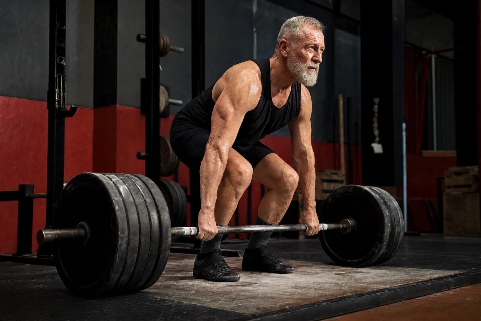An older athlete lifting a barbell in a dark red and charcoal strength gym
