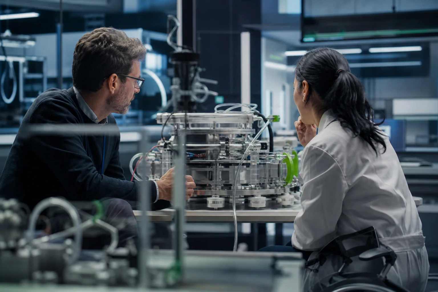 Two specialists reviewing an unbranded medical-device prototype in a European laboratory