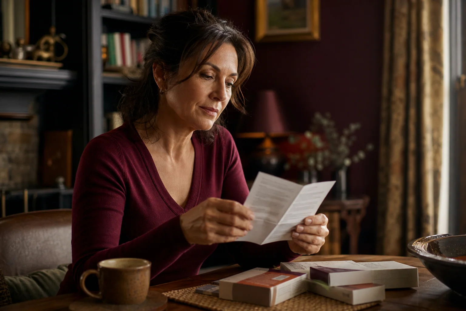 A midlife woman carefully reading a medicine leaflet at home beside unbranded packaging