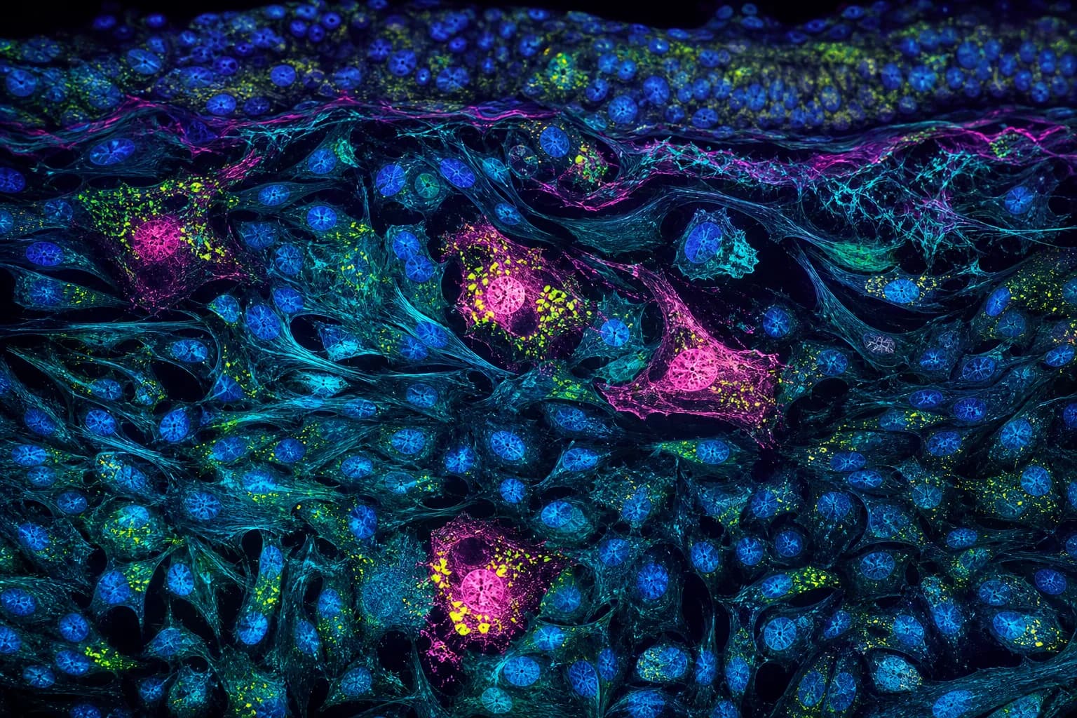 A luminous microscopy field showing diverse human cells and a smaller group of senescent cells