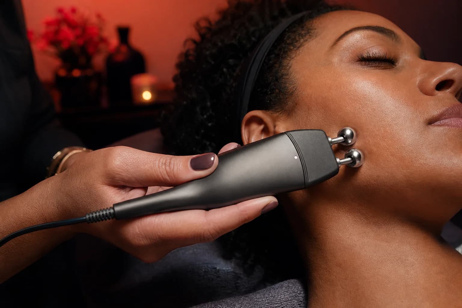 A practitioner using a modern electrical skin-stimulation device along a woman’s cheek