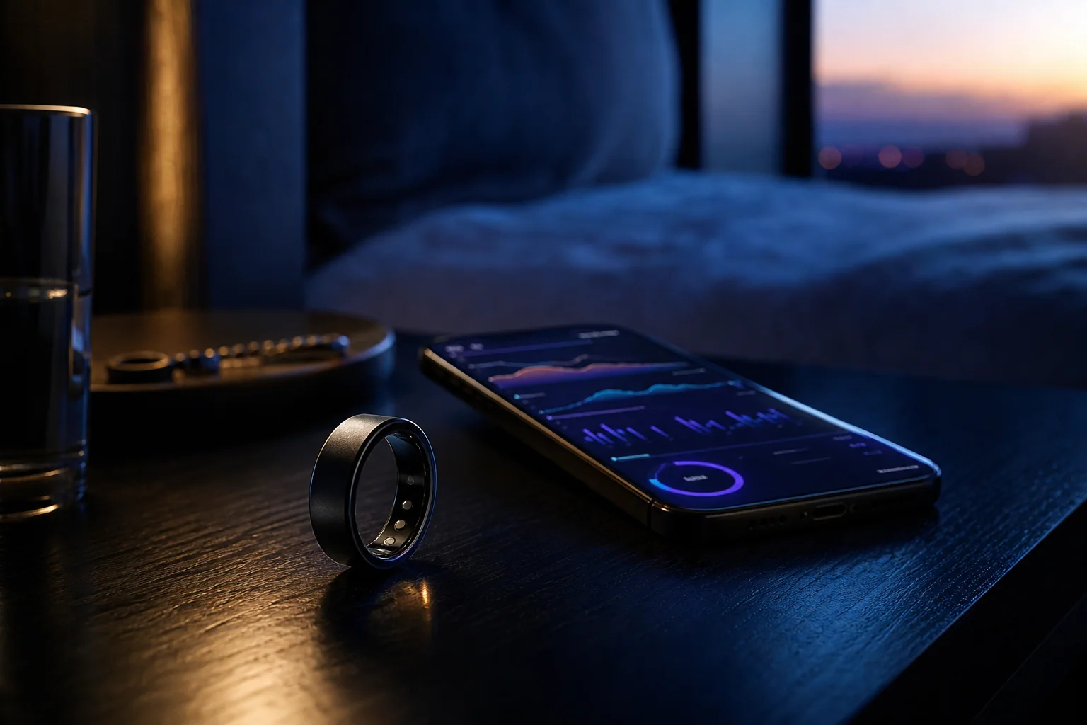 A black smart ring beside a phone showing abstract health trends at dawn