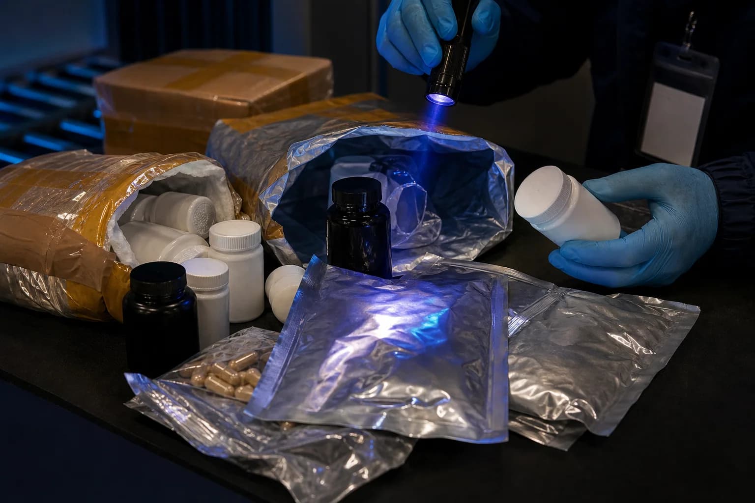 Gloved hands checking unbranded supplement bottles and opened parcels under inspection light