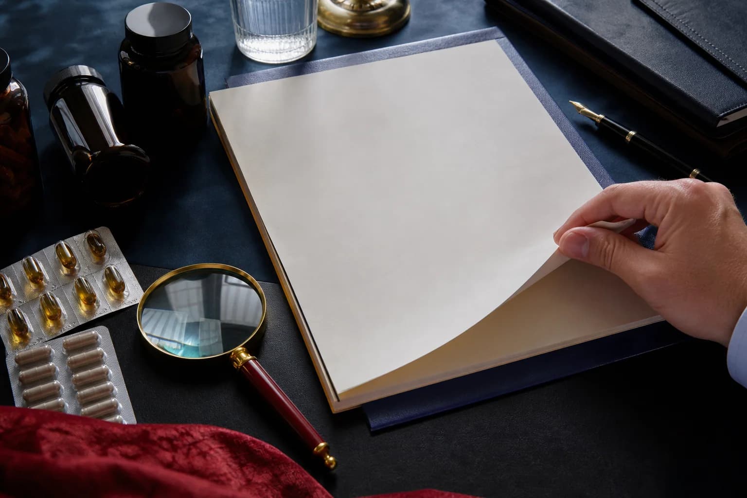 Unbranded supplements, a magnifying glass and a formal document on a navy desk