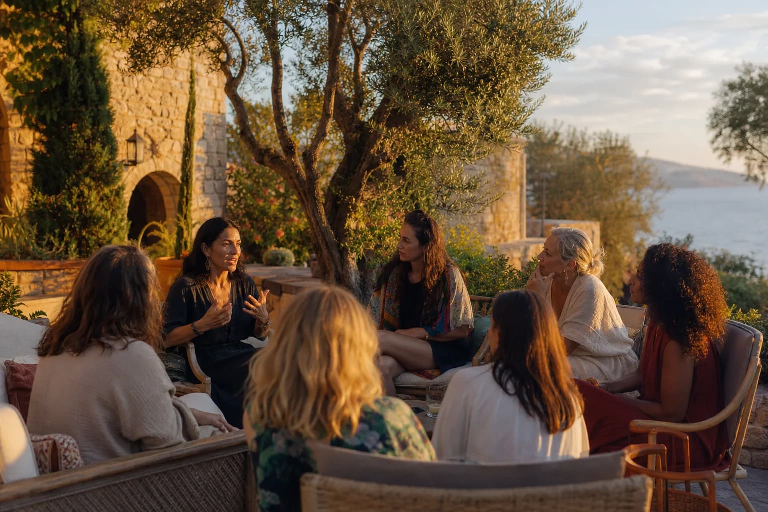 A women’s longevity expert speaking with a small group in a Mediterranean courtyard