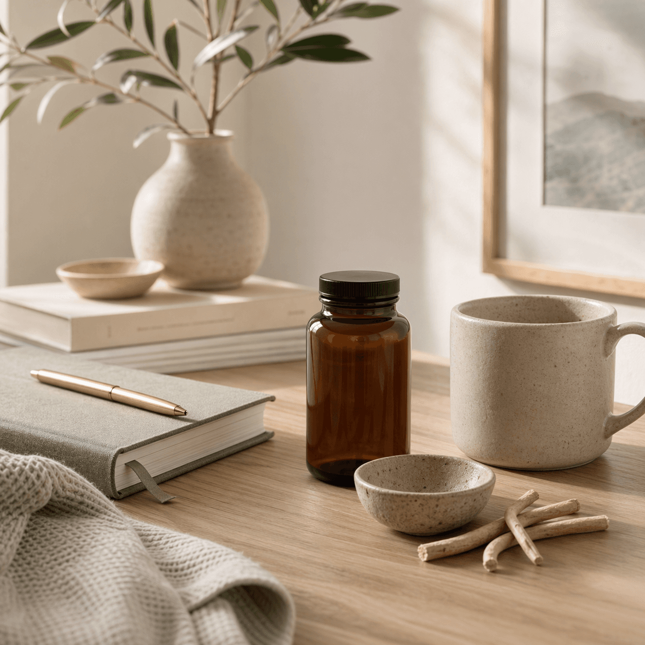 Supplement bottles and ingredients on a clean kitchen counter