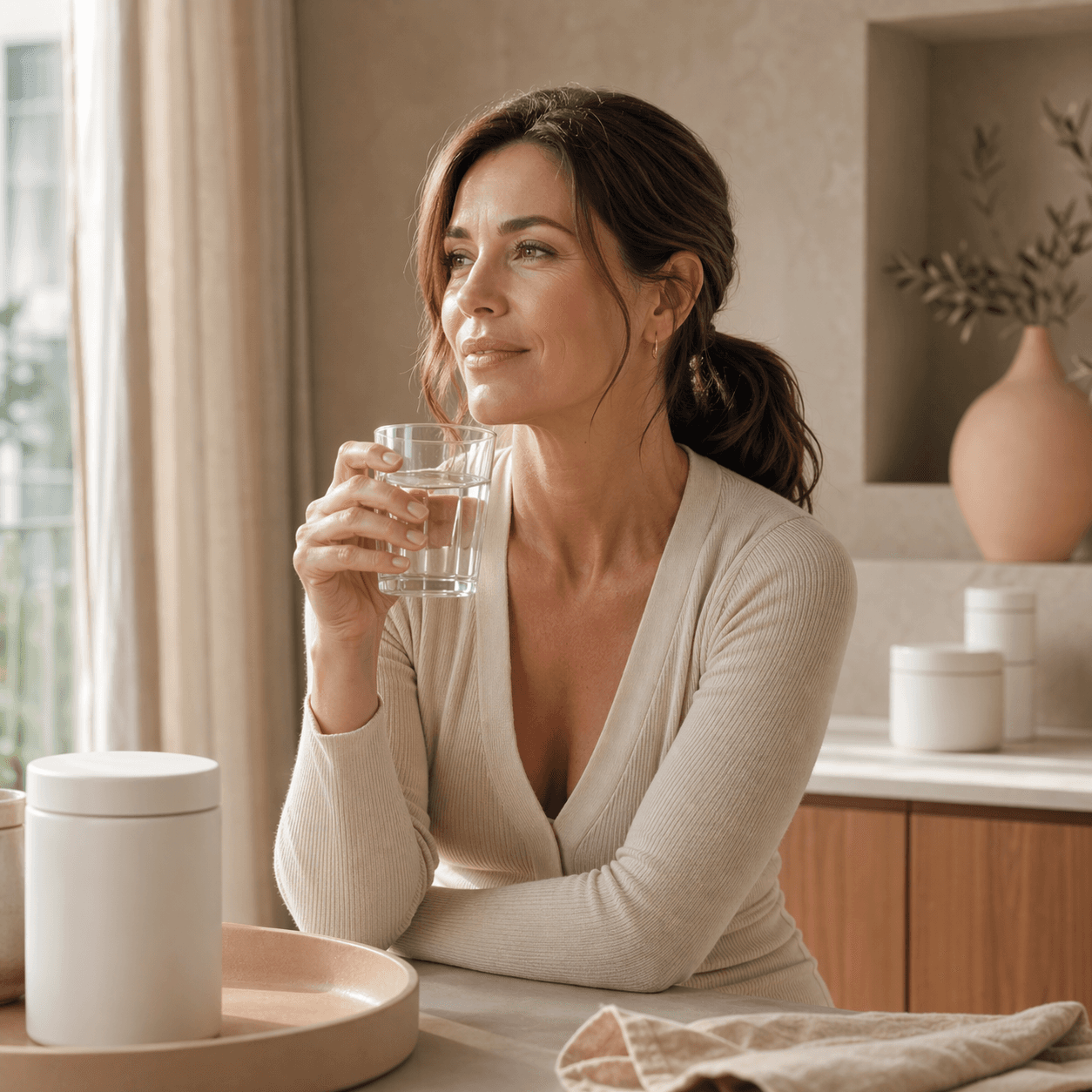 A woman preparing a simple morning wellness routine at home