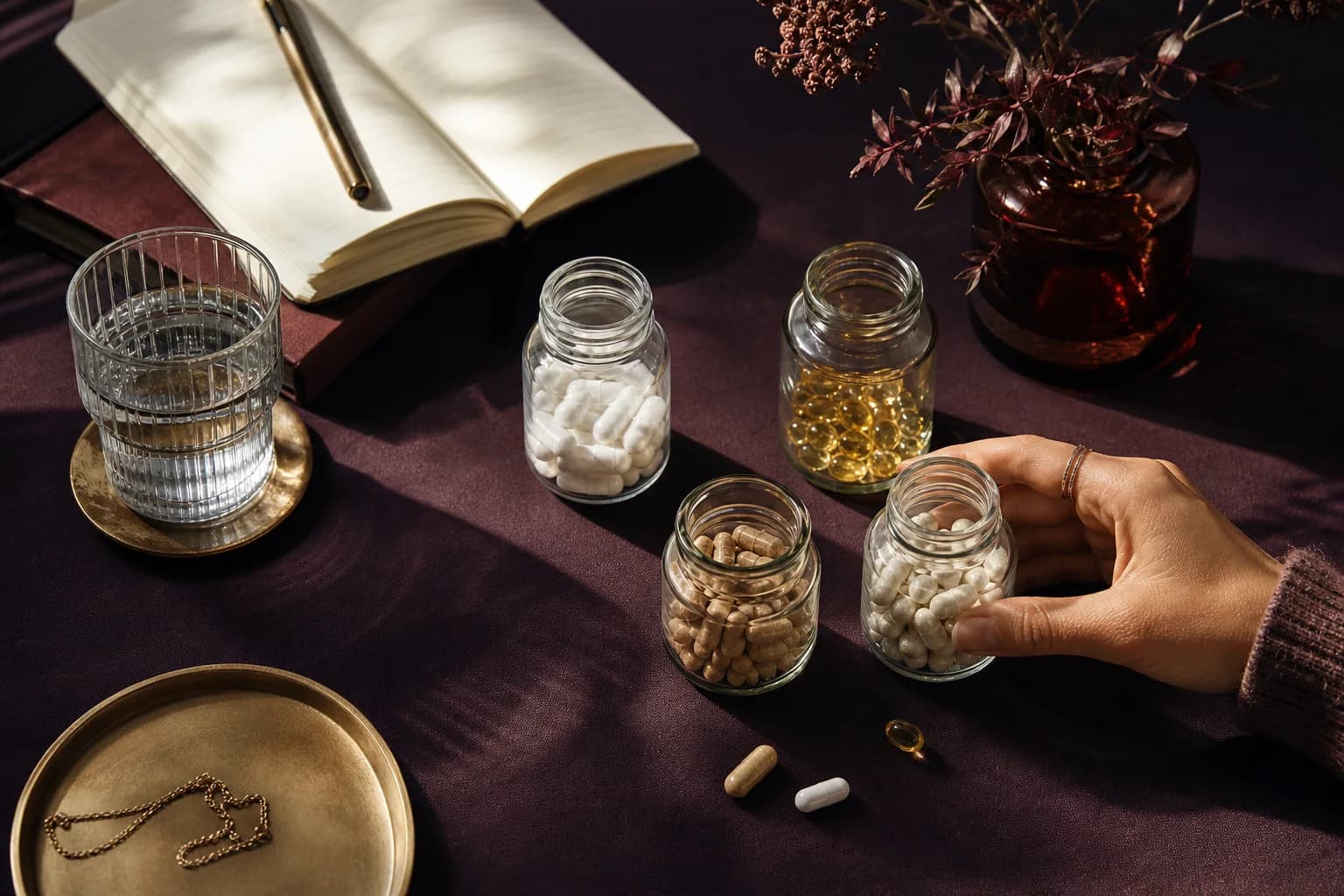 A woman arranging unbranded supplements on a deep plum table beside a notebook